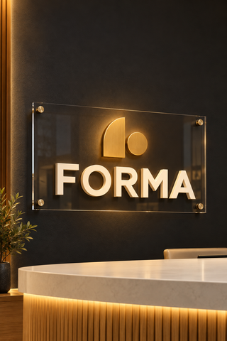 Illustrative reception sign concept with dimensional acrylic lettering on a clear panel
