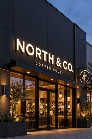 Illustrative storefront concept with illuminated channel letters and a projecting sign